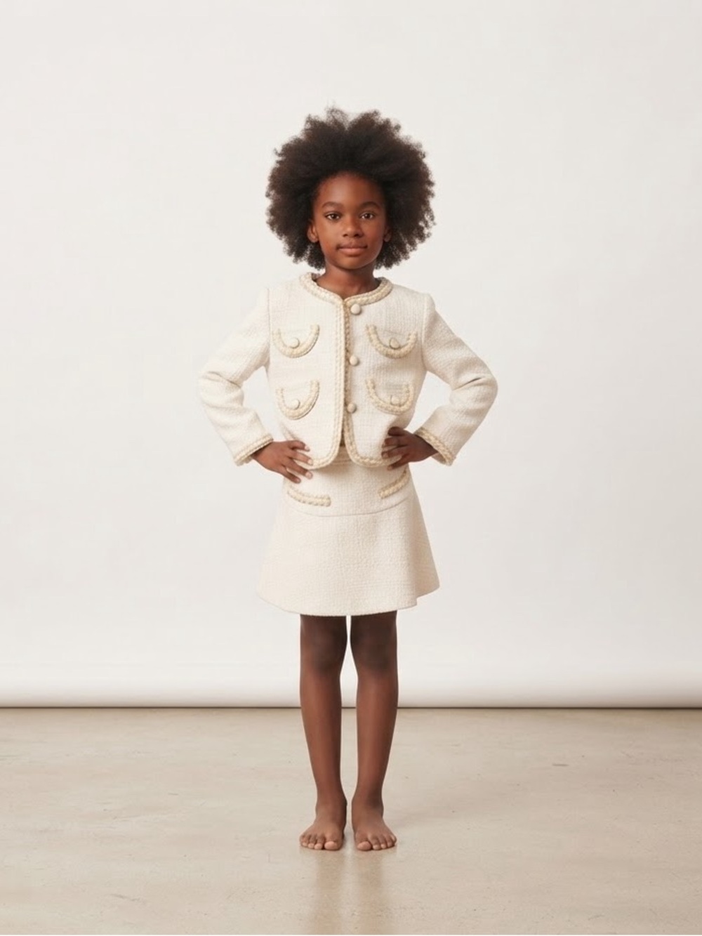 Cream Tweed Three-Piece Set with Braided Trim